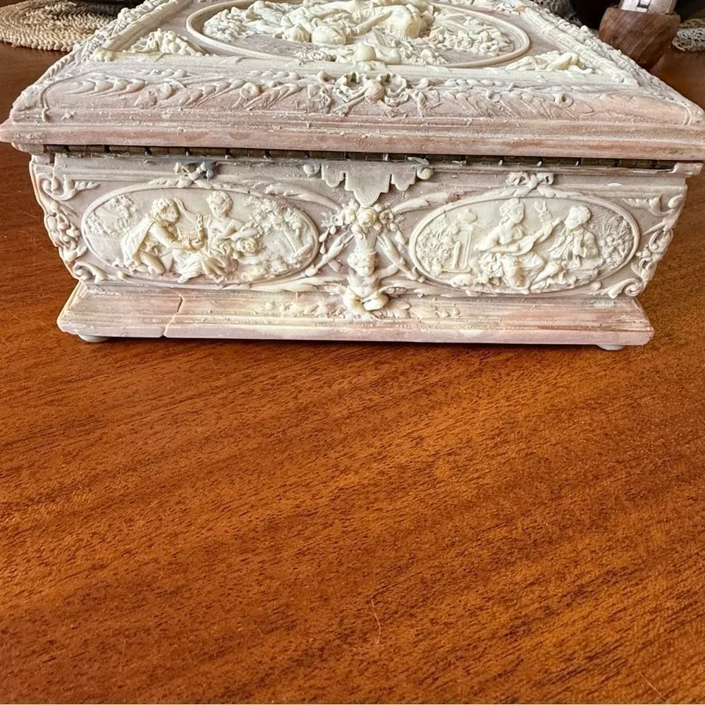 Vintage Carved Stone Incolay Victorian Jewelry Trinket Box Pink Marie Antoinette